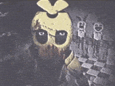 chica from five nights at freddy 's is standing in a dark room with a bunch of stuffed animals .