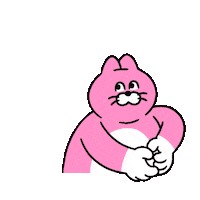 a pink cat is making a heart shape with his hands .