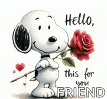 snoopy is holding a red rose and says hello this for you friend .
