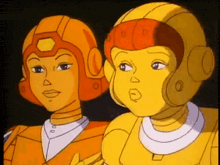 two cartoon characters are standing next to each other and looking at each other .