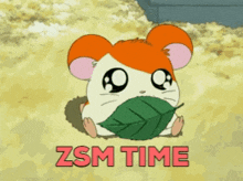 a picture of a hamster holding a green leaf and the words zsm time