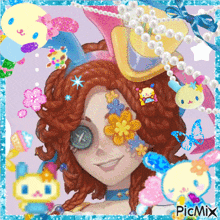 a picture of a girl with flowers in her hair has a picmix watermark on the bottom