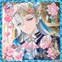 a picture of a man with long white hair and a flower crown on his head