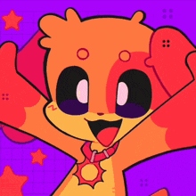 a cartoon drawing of an orange and yellow animal with a red collar