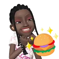 a cartoon girl is holding a hamburger with a purple sauce