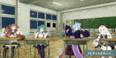 a group of anime girls are sitting at desks in a classroom with a sign that says #