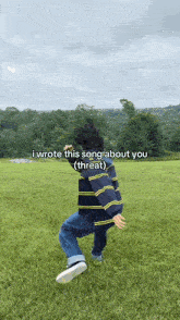 a person in a striped sweater is standing in a grassy field with the words i wrote this song about you