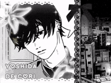 a black and white drawing of a boy with the name yoshida de cori on the bottom