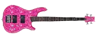 a pink bass guitar with sparkles on it is on a white background