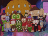 a group of cartoon characters are posing for a picture in front of a building that says 00 on it