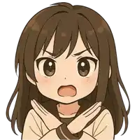a girl with long brown hair is crossing her arms in an angry gesture