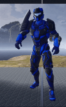a blue and black robot is standing on a brick surface