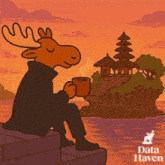 an illustration of a moose holding a cup of coffee in front of a temple