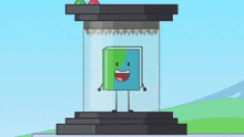 a cartoon character is standing inside of a glass container with a surprised look on his face .