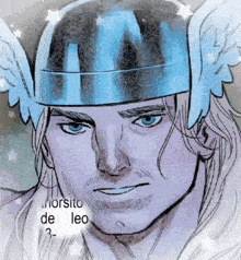 a drawing of a man wearing a blue helmet with wings and the words " horsito de leo " on the bottom
