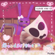 a picture of a purple bunny and a white ghost with a speech bubble that says " i love you < 3 "
