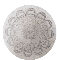 a drawing of a man 's face in a circle with a flower in the middle