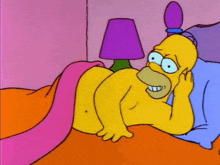 homer simpson is laying in bed without a shirt and a lamp .