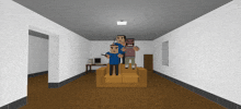 a computer generated image of a living room with a couch and two men standing on it