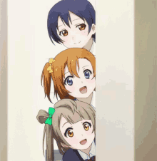 three anime girls are peeking out of a doorway