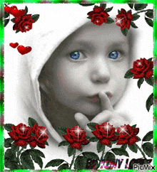 a picture of a child surrounded by red roses and hearts with the word picmix at the bottom