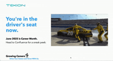 an advertisement for tekion shows a race car on a track and says you 're in the driver 's seat now