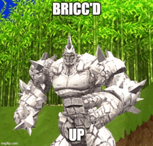 a video game character says bricc 'd up in front of a forest