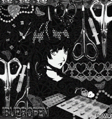 a black and white collage of scissors pills and a clock with the word ibubbeen on the bottom