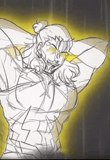 a black and white drawing of a man with a bun on his head and yellow eyes .
