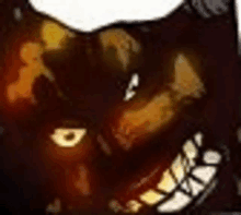 a close up of a cartoon character 's face with a mouth open and a glowing eye .