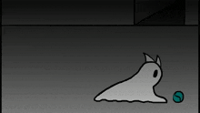 a cartoon drawing of a ghost laying on the ground next to a ball