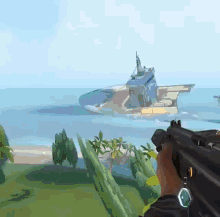 a person holding a gun in front of a boat in the water