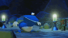 a cartoon character is standing in a dark room next to a lantern .