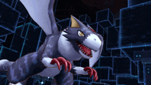 a gray and white monster with red claws stands in front of a maze of blue cubes