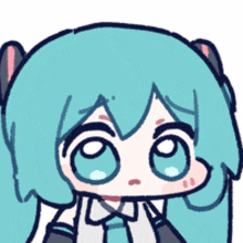 a drawing of a girl with blue hair and big blue eyes