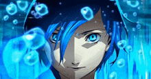 a close up of a person 's face with blue hair and blue eyes