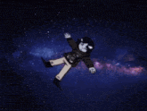 a cartoon of a person falling through a galaxy with a caption in russian that says " горизонт "