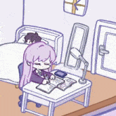 a cartoon of a girl sitting at a desk with a book and a lamp