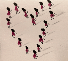 a drawing of a group of people walking in a heart shaped pattern