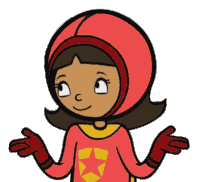 a cartoon girl wearing a red helmet and a red shirt with a star on it