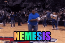a man is holding a basketball on a basketball court and the word nemesis is written in rainbow colors