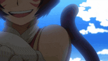 a close up of a person 's arm with a blue sky behind them