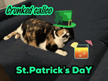 a calico cat wearing a leprechaun hat is laying on a couch
