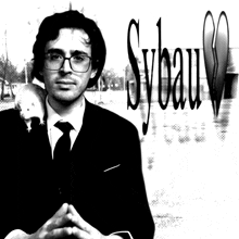 a black and white photo of a man with a rat on his shoulder and the word sybau on the bottom right