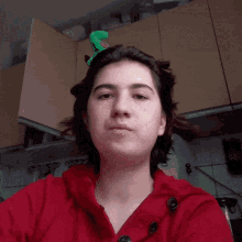a woman in a red sweater has a green stuffed animal on her head