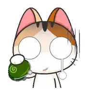 a cartoon cat is holding a green cup with a spiral on it