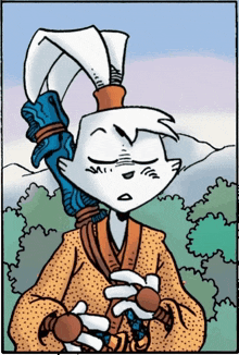 a cartoon of a rabbit holding a sword with the letter m on it
