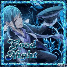a picture of a man holding a top hat with the words good night written on it