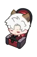 a cartoon character is sitting in a red chair with a cat ear on his head