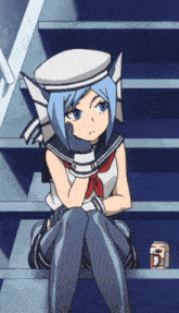 a girl in a sailor suit sits on a set of stairs